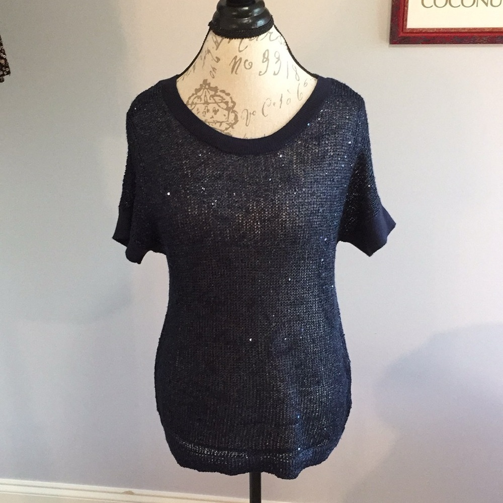 Ellen Tracy Sparkly Blue Open Knit Sweater Medium
